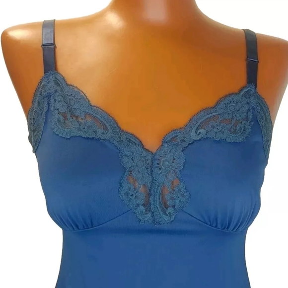 Vtg Y2k Shadowline Slip Dress Woman 32 Sm 6 Retro Satin Blue Lacey Fairy USA EUC - Picture 2 of 8
